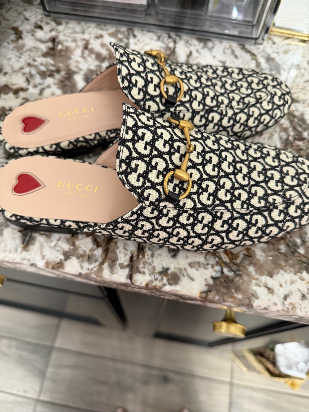 Gucci Black & White GG Jacquard Horsebit Mules - Picture 3 of 4